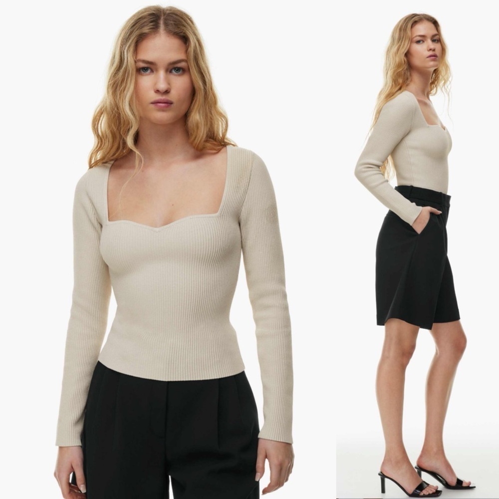 Artizia- Babaton Sculpt Knit Sweetheart Long Sleeve Top Size Large Light Birch